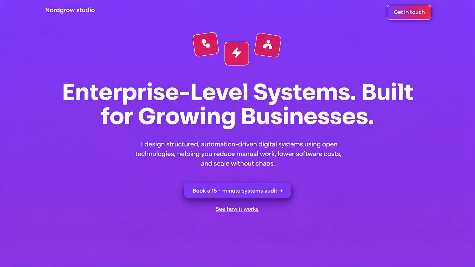 Landing page di Nordgrow Studio: titolo Enterprise-Level Systems. Built for Growing Businesses. su sfondo viola