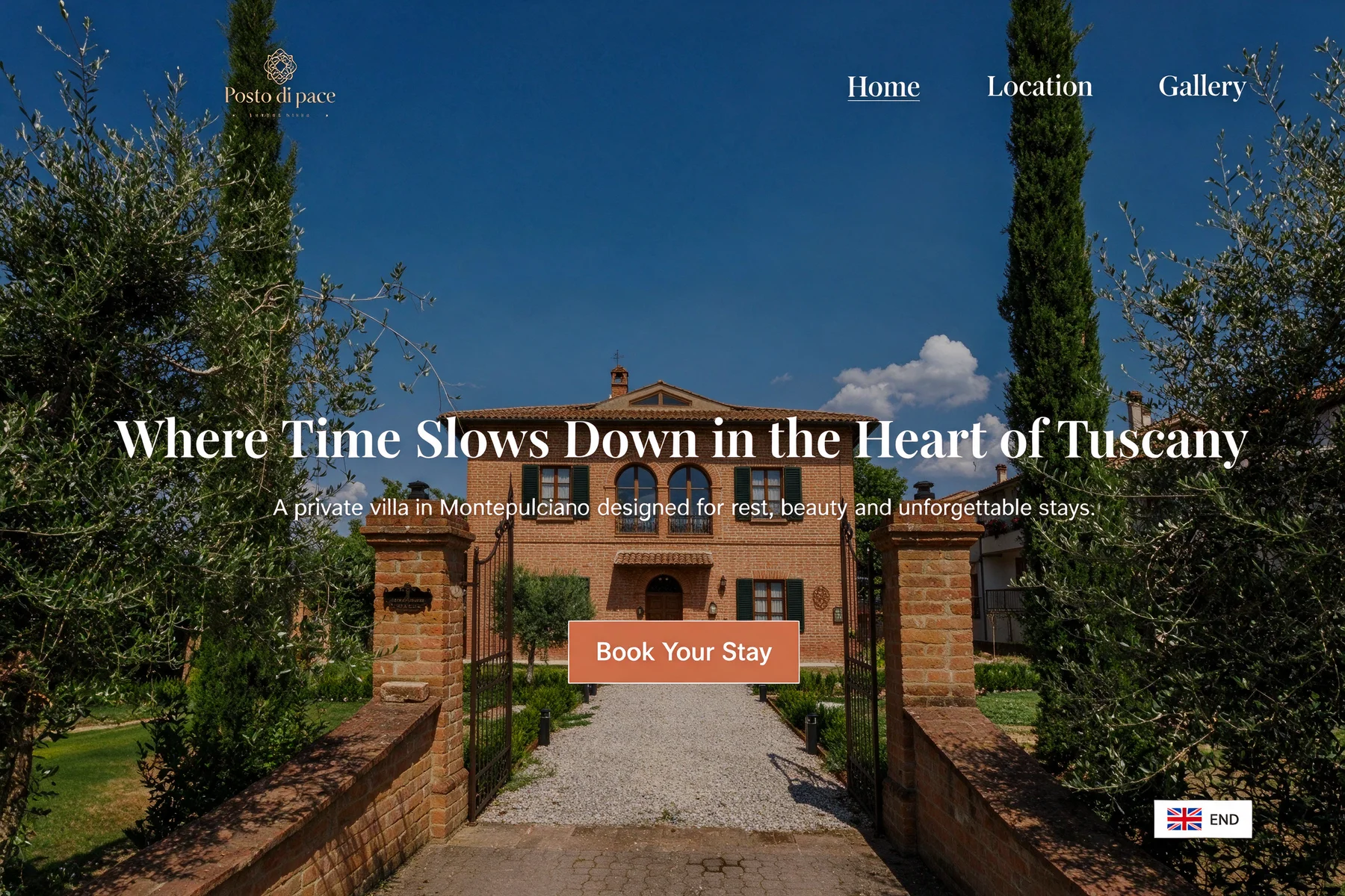 Home page del sito Posto di Pace: villa in mattoni in Toscana con il titolo Where Time Slows Down in the Heart of Tuscany