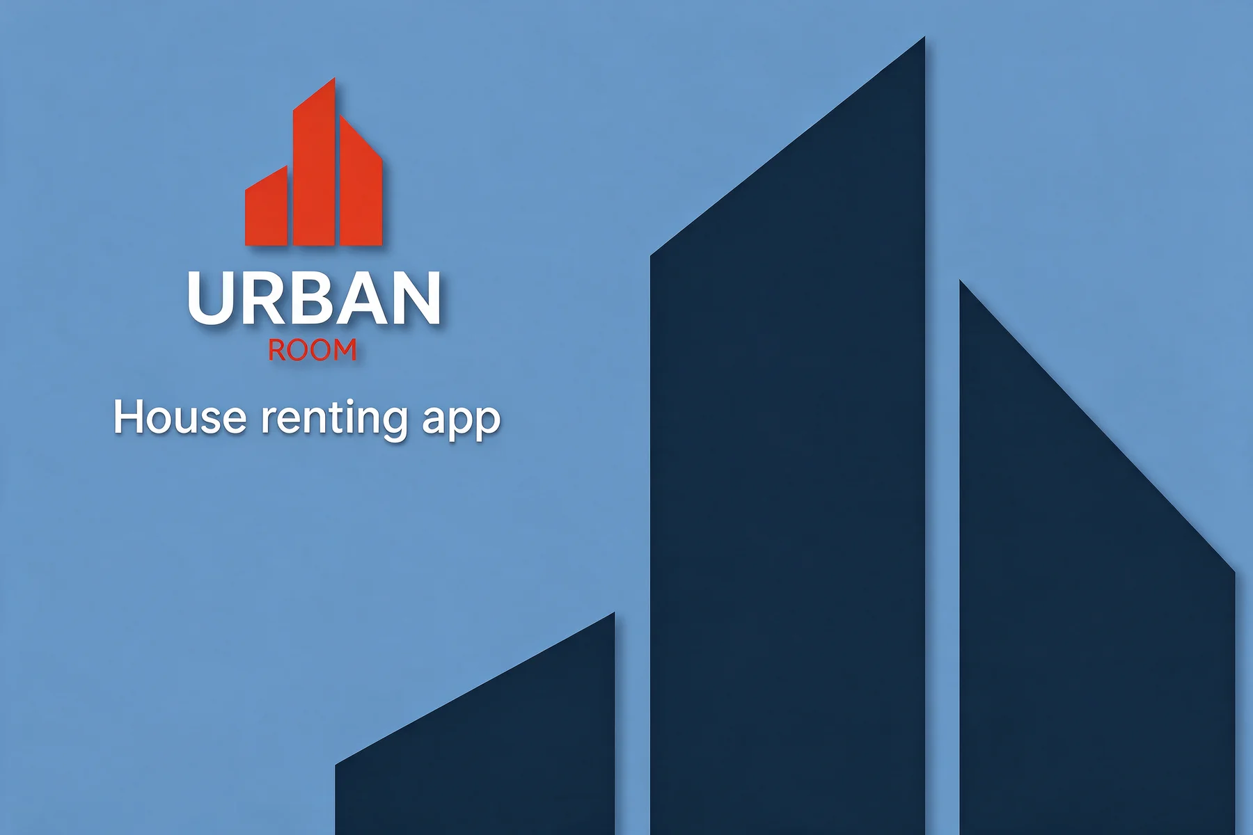 Copertina dell'app Urban Room: logo arancione e scritta House renting app su sfondo azzurro con grattacieli stilizzati